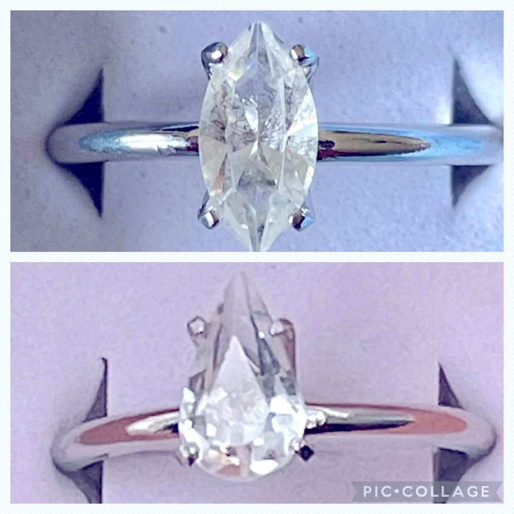 2 Marquise & Pear Faux Diamond Solitaire Silver Tone Rings - Size 9